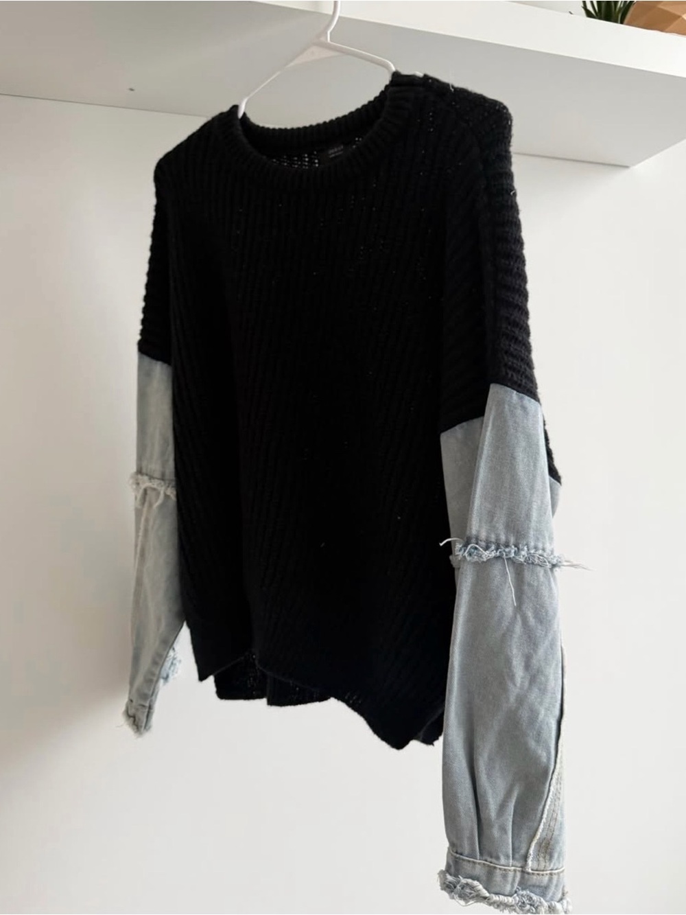 Black Knit Sweater with Light Denim Sleeve Detail - Size Small